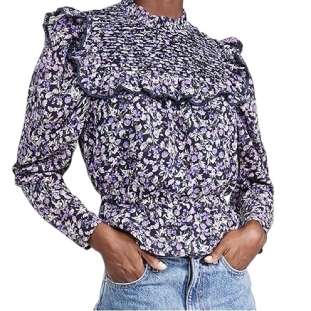 NWT ASTR The Label Pleated High Neck Long Sleeve Purple Floral Top Size XS